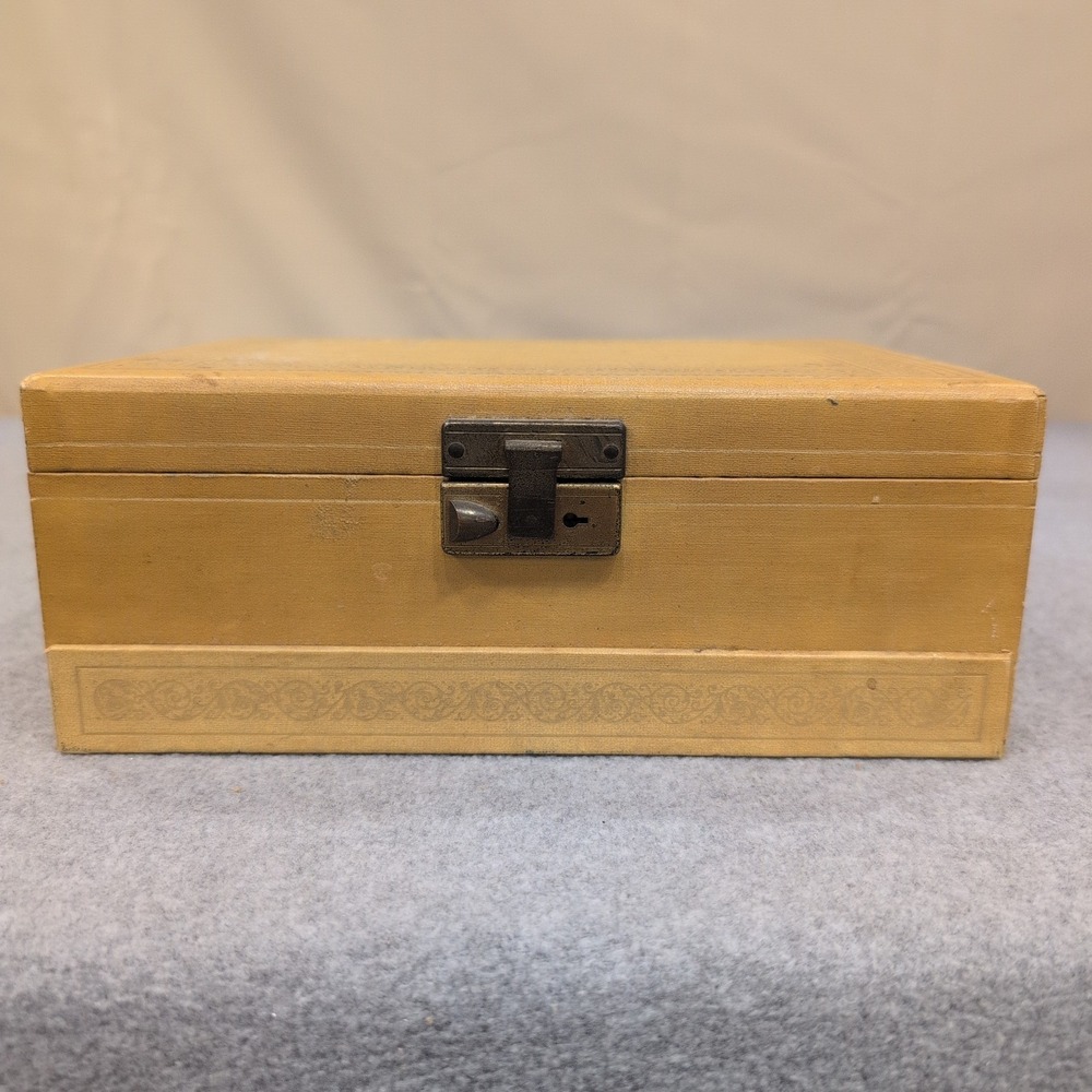 Vintage Tan Faux Leather Jewelry Box Teal Velvet Lining Multi Tier Drawer Latch